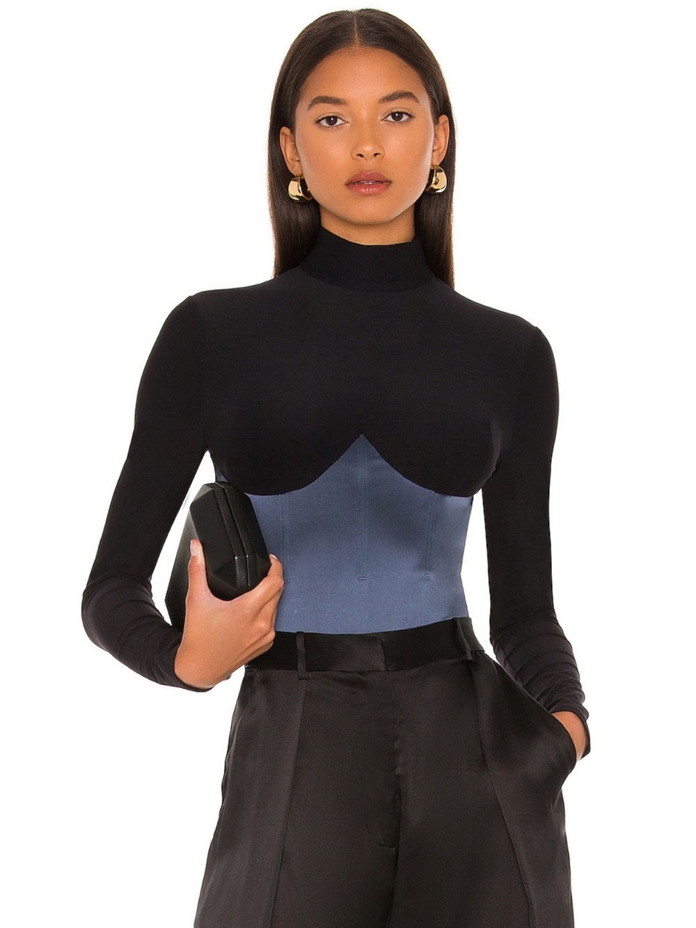 Fleur du Mal Mock Neck Women’s Black Navy Blue Corset Top Bodysuit X-Small